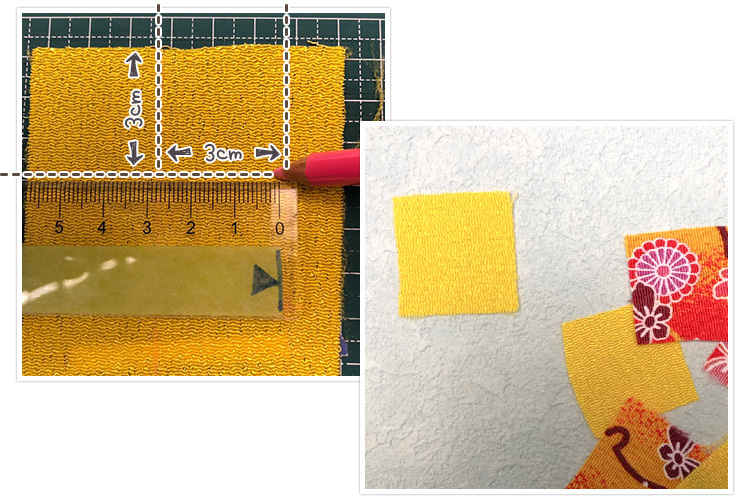 ちりめんに3cm×3cmをチャコペンで引き、カット。