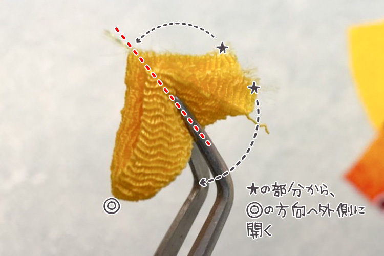 ★部分を外側へ開き、山部分(◎)へ向かって折ります。